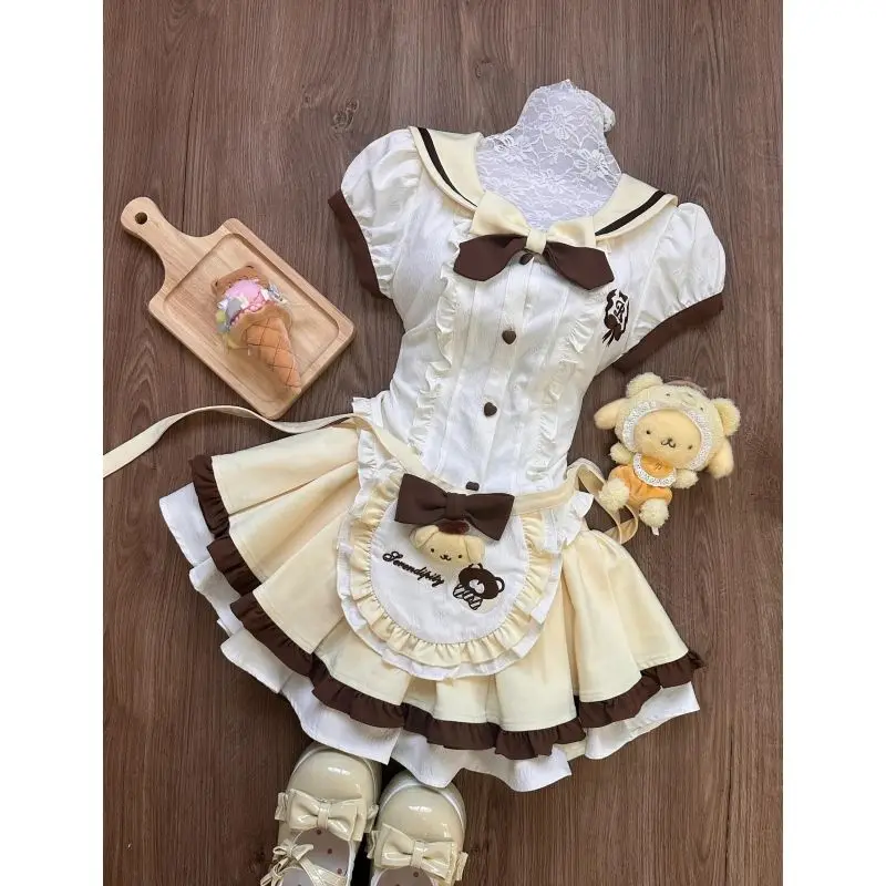 Japanese Sweet Lolita Style Skirt Set Women Kawaii Sailor Collar Bow Shirt Top Cute Pleated Skirt Y2k with Apron Mini Skirt Suit