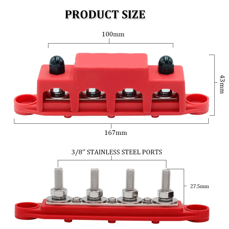 4 Studs 3 way Junction Block 250A 12 48V Bus Bar 3/8\