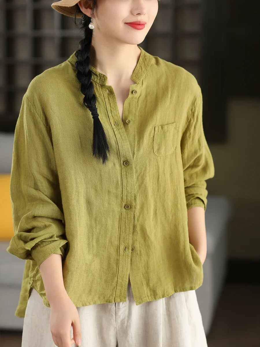 

Ретро-рубашка-жакет из выстиранного льна, весенняя коллекция, с длинным рукавом, воротником-стойкой, однотонный, открытый кардиган, женский, приятный для кожи, дышащий