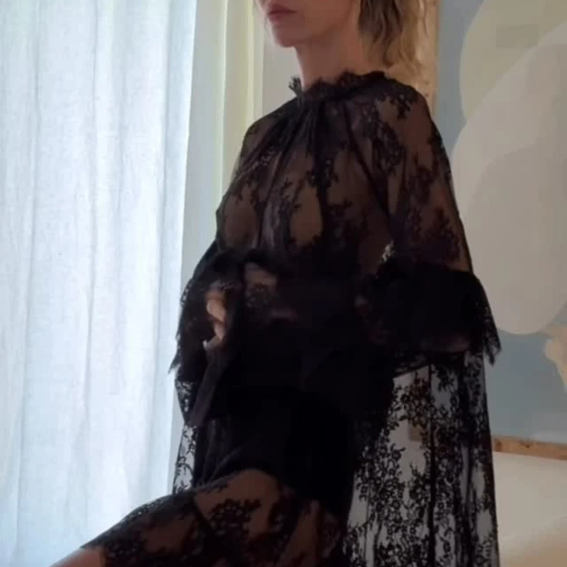 Spring Summer New Lace Perspective Cover-up Dress New Beach Vacation Sunscreen Dresses Women Long Sleeve Ruffles Short Sundress