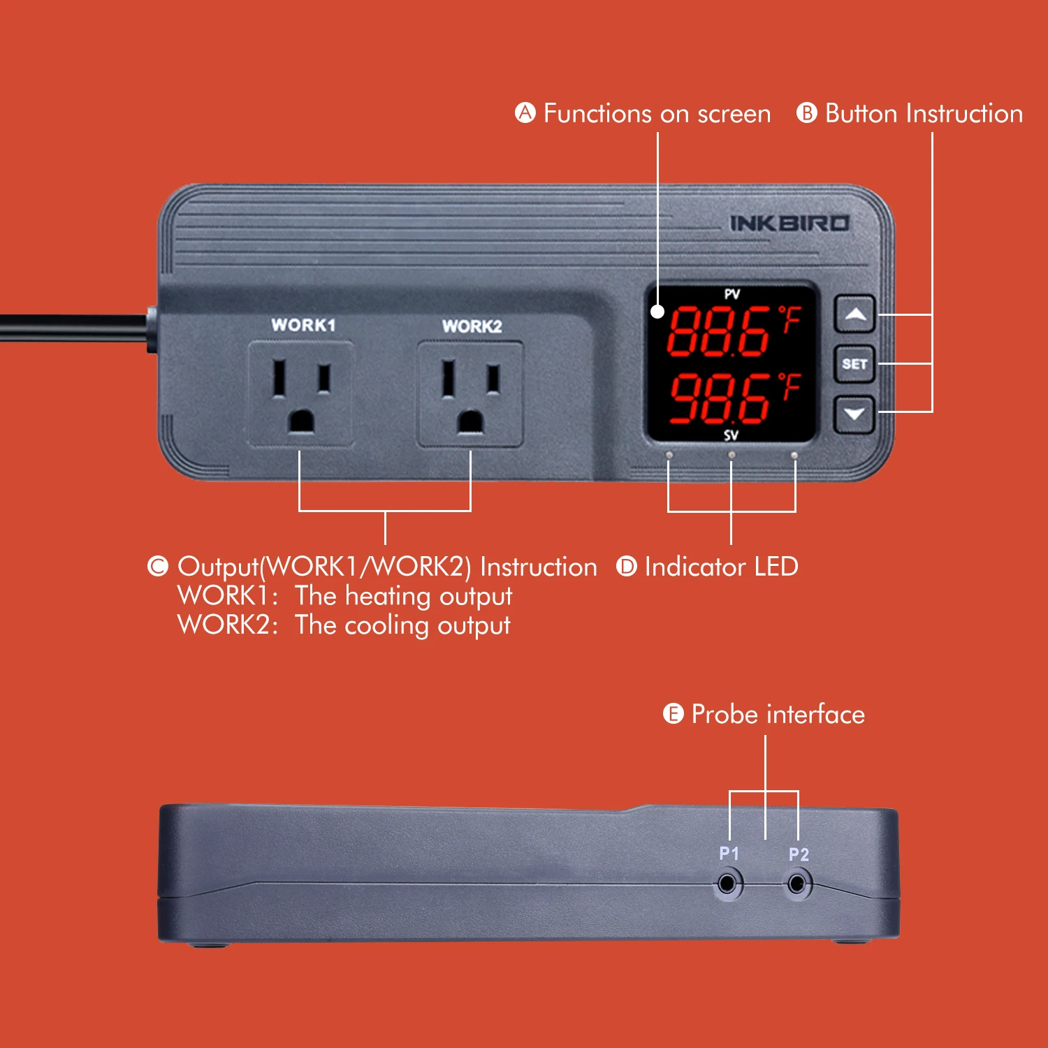 INKBIRD ITC-608T Temperature Humidity 2-in-1 Socket Controller 15A 1800W Pre-wired AC Dual Stage Outlet Thermostat With 2 Probes