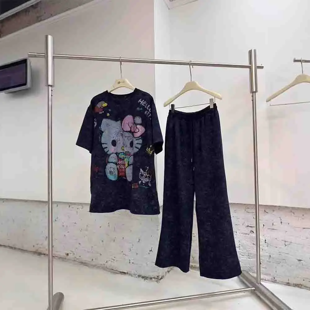 

Sanrio Hello Kitty Fashion Set Women's Summer New Cartoon Printed Loose Wide Leg Pants Women's Casual Home Clothes Two Piece Set