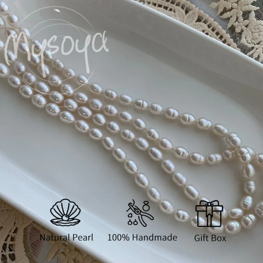 

MYSOYA 6-7 мм белый рис в форме пресноводного длинного жемчужного ожерелья с подарочной коробкой идеальный подарок на свадьбу, день рождения, Рождество, Новый год