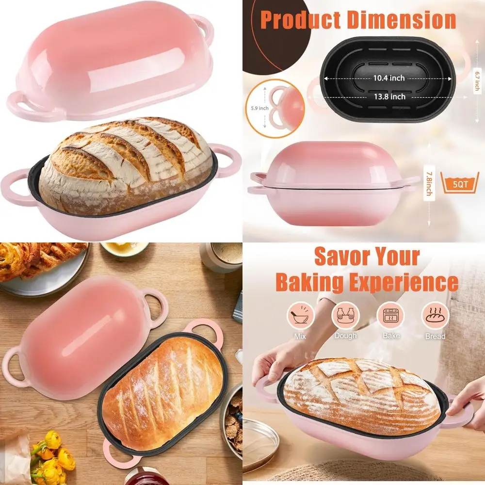 

Чугунная форма для выпечки хлеба на закваске с крышкой, 5 кварт, градиентный розовый, для домашнего приготовления хлеба