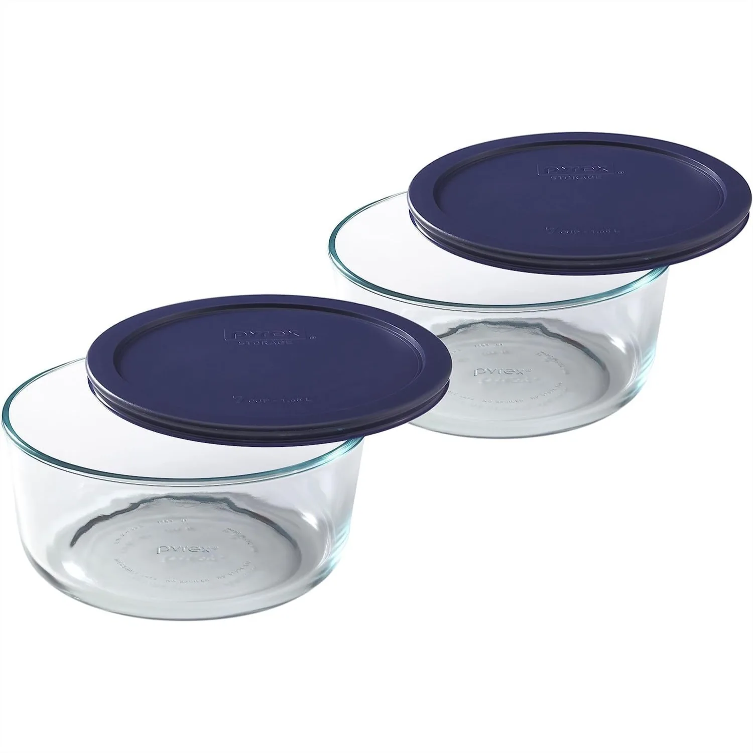 Recipiente de Vidrio Redondo Pyrex Storage Plus para Almacenamiento de Alimentos, 7 Tazas, Tapa Azul, Paquete de 2 - Apto para Horno y Microondas