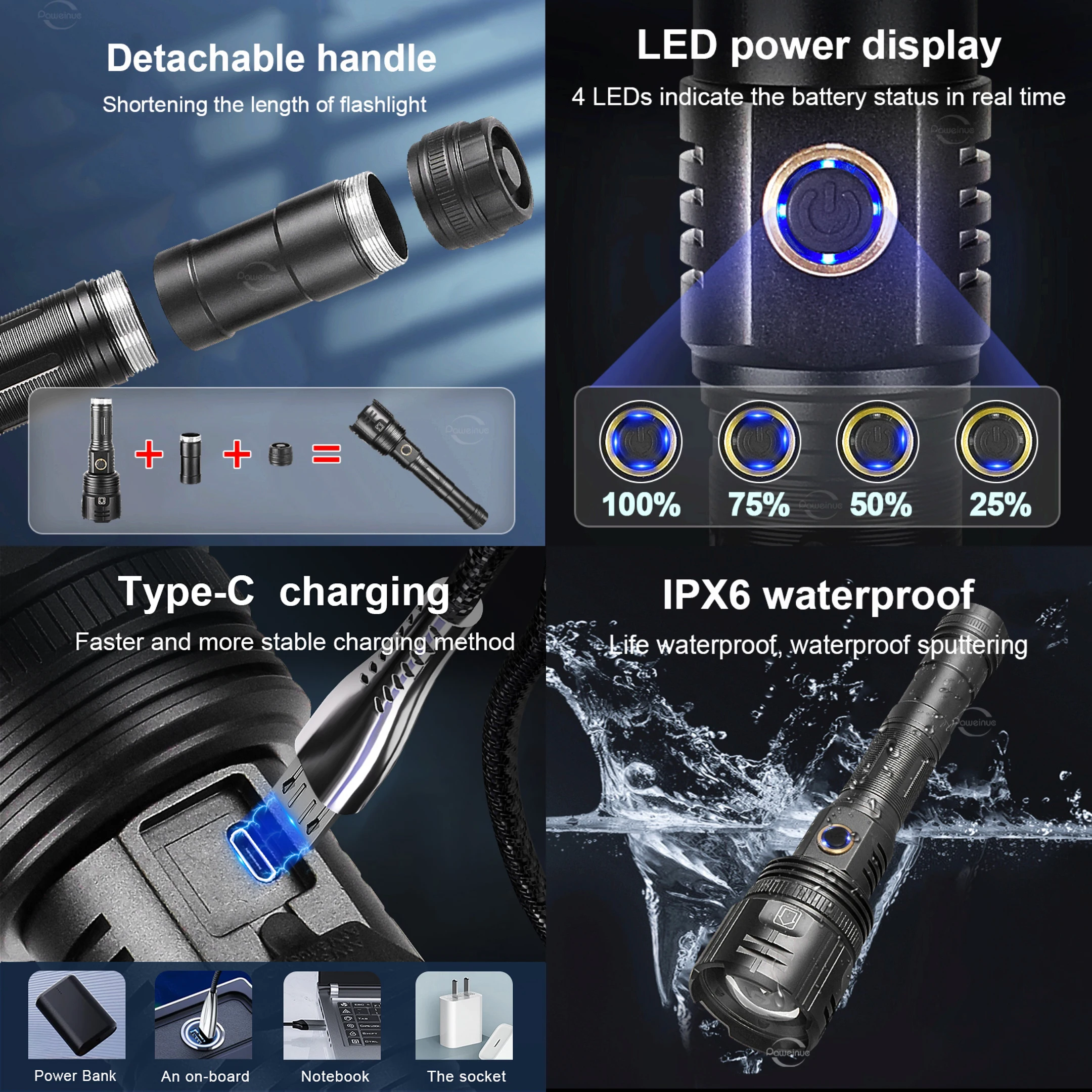 High Power Led Flashlights 600W Rechargeable Flashlight With Usb Charging 500W Powerful Torch Light 1500m Work Light