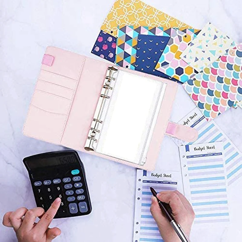 A6 PU Leather Notebook Binder Budget, 6 Ring Binder Cash Budget Envelopes System, 12 Pieces Expense Budget Sheets