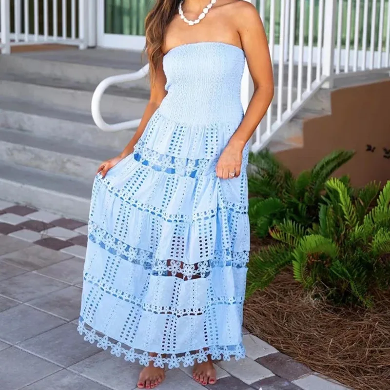 

Temperament casual new fashion high sense embroidery hollow tube top dress fashion simple elegance versatile high-end holiday st