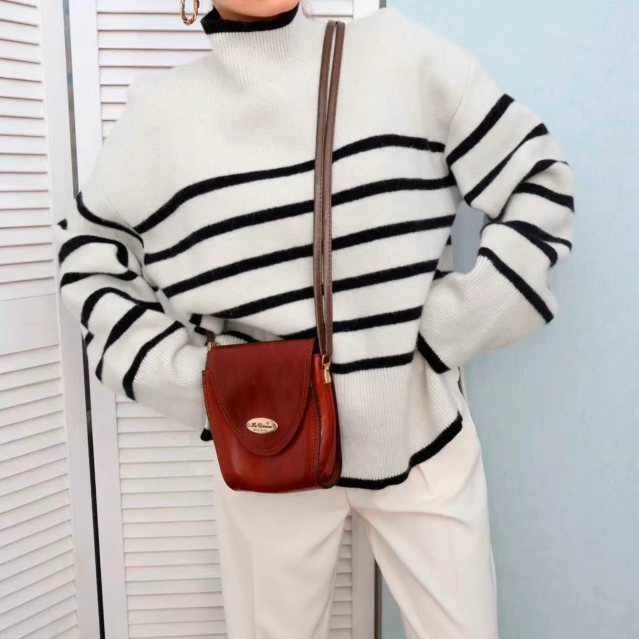 Women's Black and White Striped High Neck Sweater – Oversized Loose Fit Thick Knit Pullover, Long Sleeve Drop Shoulder Top for F view 4