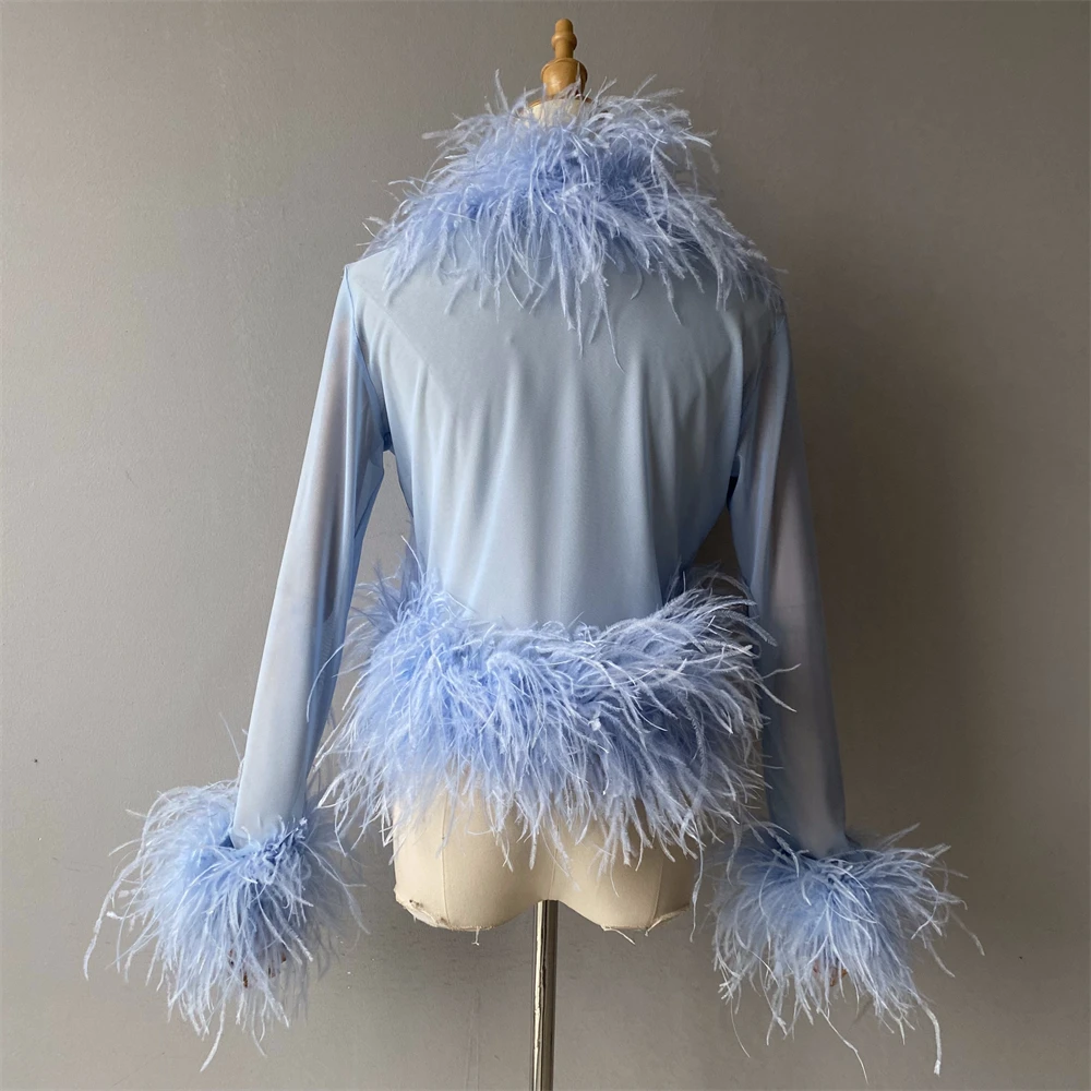 Jxwatcher Women's Sexy Mesh Feather Tops Spring Summer Ladies Vintage Celebrity Real Ostrich Feather Coat Fashion Party Wear New