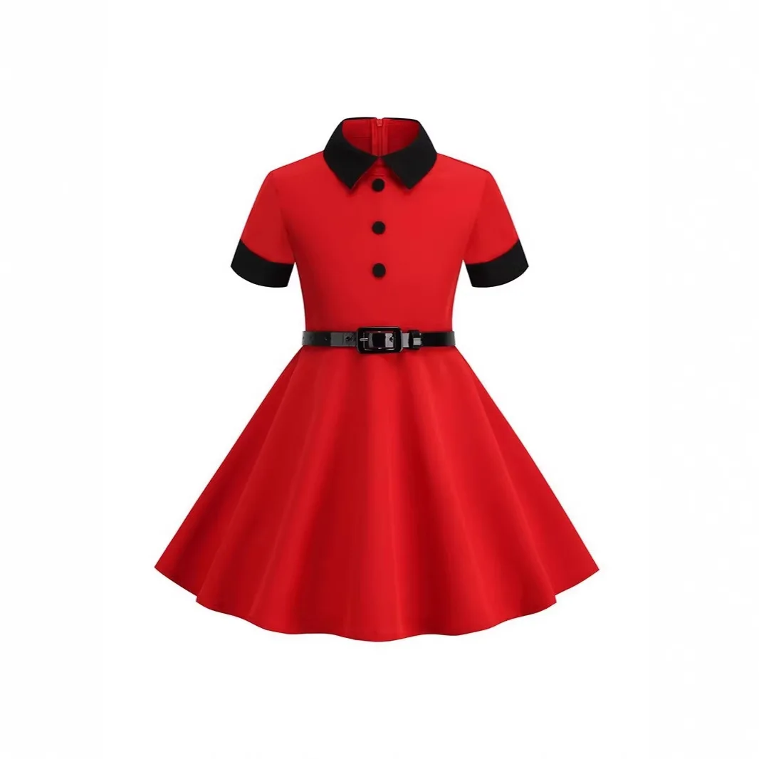 UNITIM Summer Children Girls Dress Cotton Turn Down Collar Kids Girls Retro Dress Spliced Short Sleeve 2-10Y Girl Princess Dress