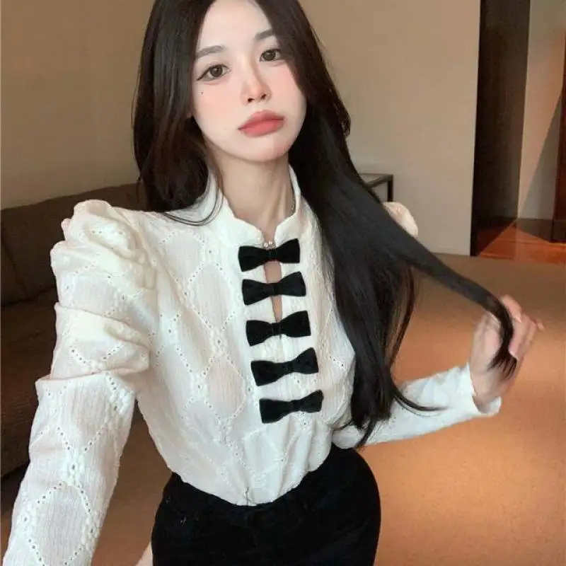 Women\'s shirt French bow design sense small long sleeve shirt 2024 spring and autumn new slim lace top