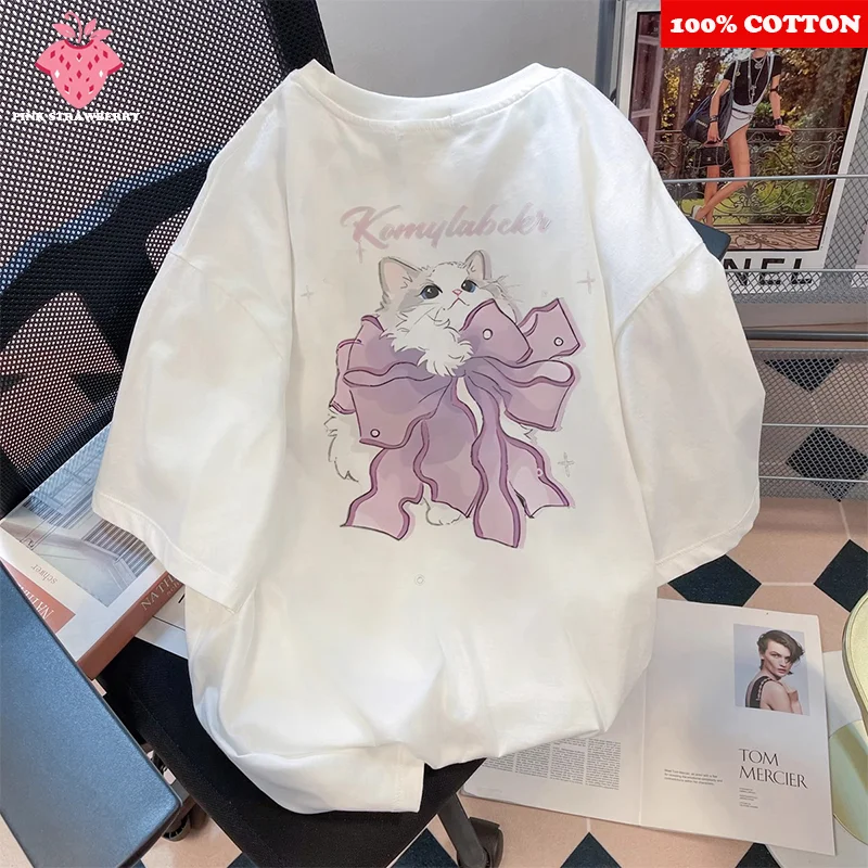 

Sweet Cute Cat Print T-shirt Women Summer 2025 New 100% Cotton Short sleeve T-shirt Loose Casual Y2k Tops kawaii female clothing