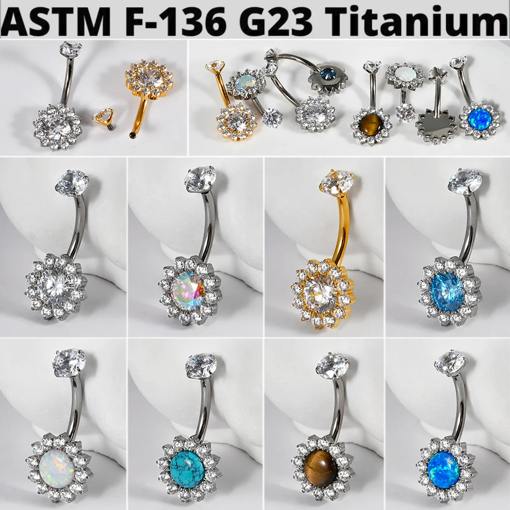 1PC Titanium Flower Clear Zircon Belly Button Internally Threaded Opal Navel Belly Button Ring Piercing Body Jewelry 14G