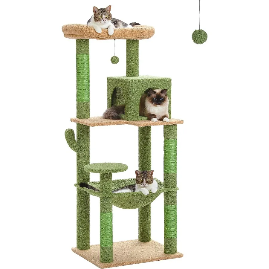 

Cactus Cat Tree for Large Cats with Metal Plush Big Hammock 56.3 Cat Tower for Indoor Cats with 2 Door Condo House 6-Tier Cat S