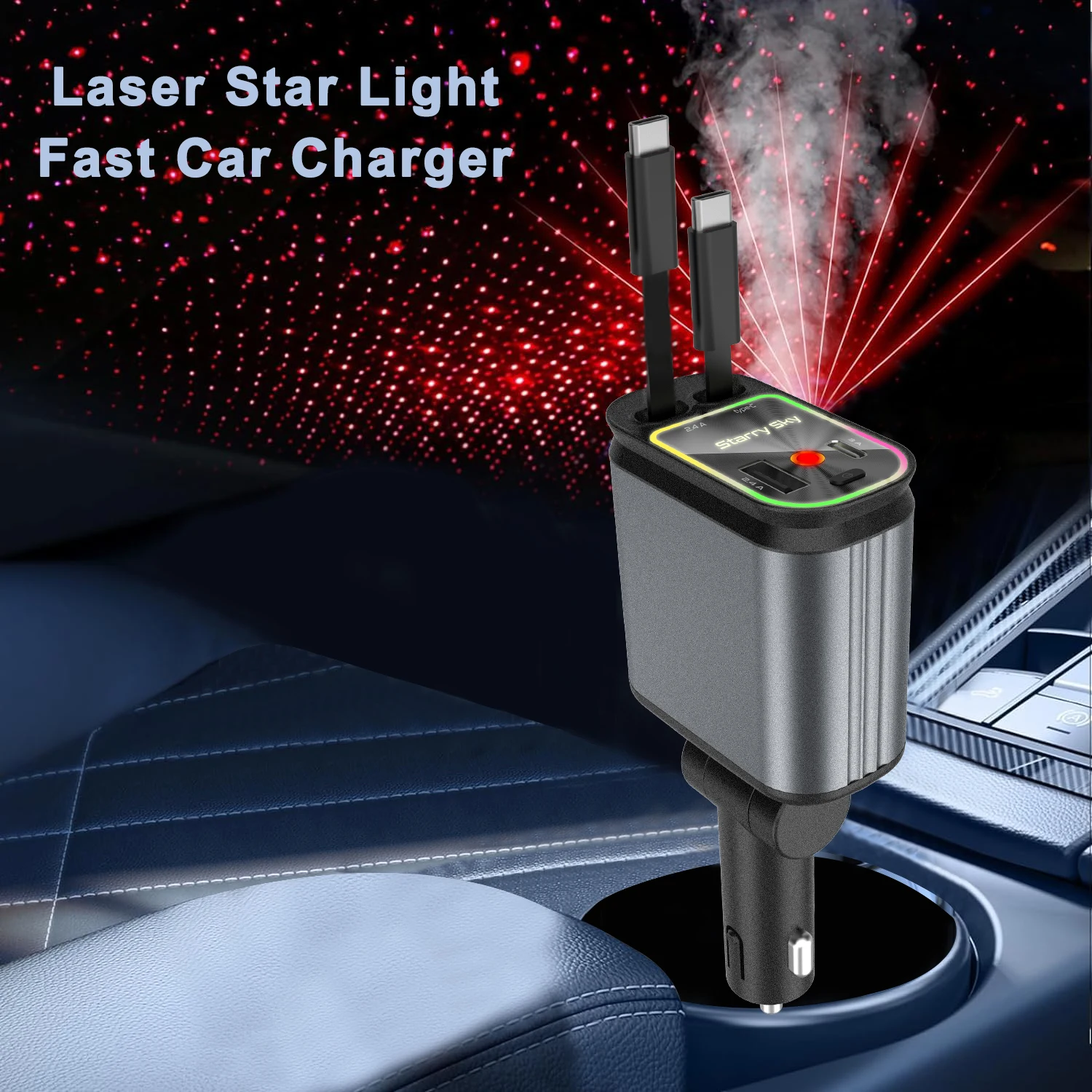 W&O Laser Starry Sky Light Car Charger PD 3.0 Fast Charging Type C Mobile Phone Charger for iPhone Xiaomi Huawei Samsung Laptops