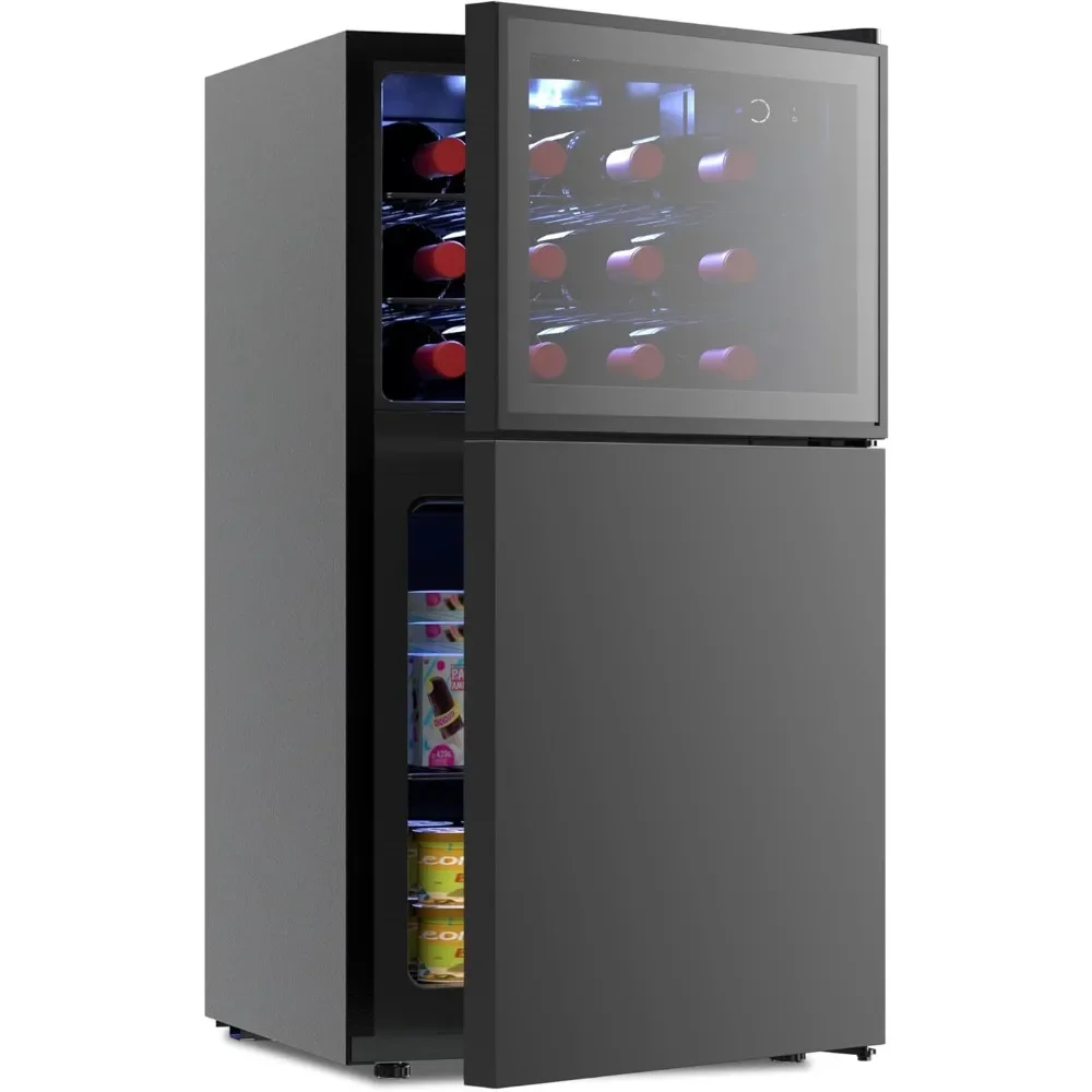 Wine Refrigerator with Freezer and Reversible Door, Dual Zone Temperature Control, Wine Cooler