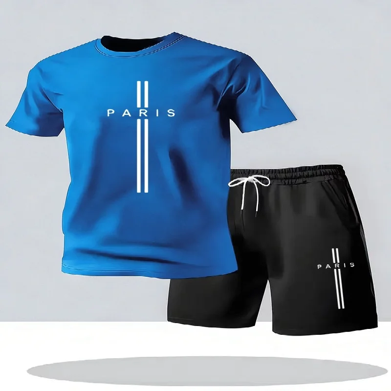 

New Minimalist Solid-Color Paris Letter Print T-Shirt and Shorts Two-Piece Set Summer Plus-Size Athletic Men's Short-Sleeve Set
