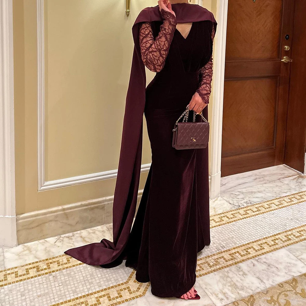 Customized Fashion Jersey Straight Ribbons and Lace Evening Dress V-Neck Long Sleeves Watteau Train Burgundy Cocktail Dress