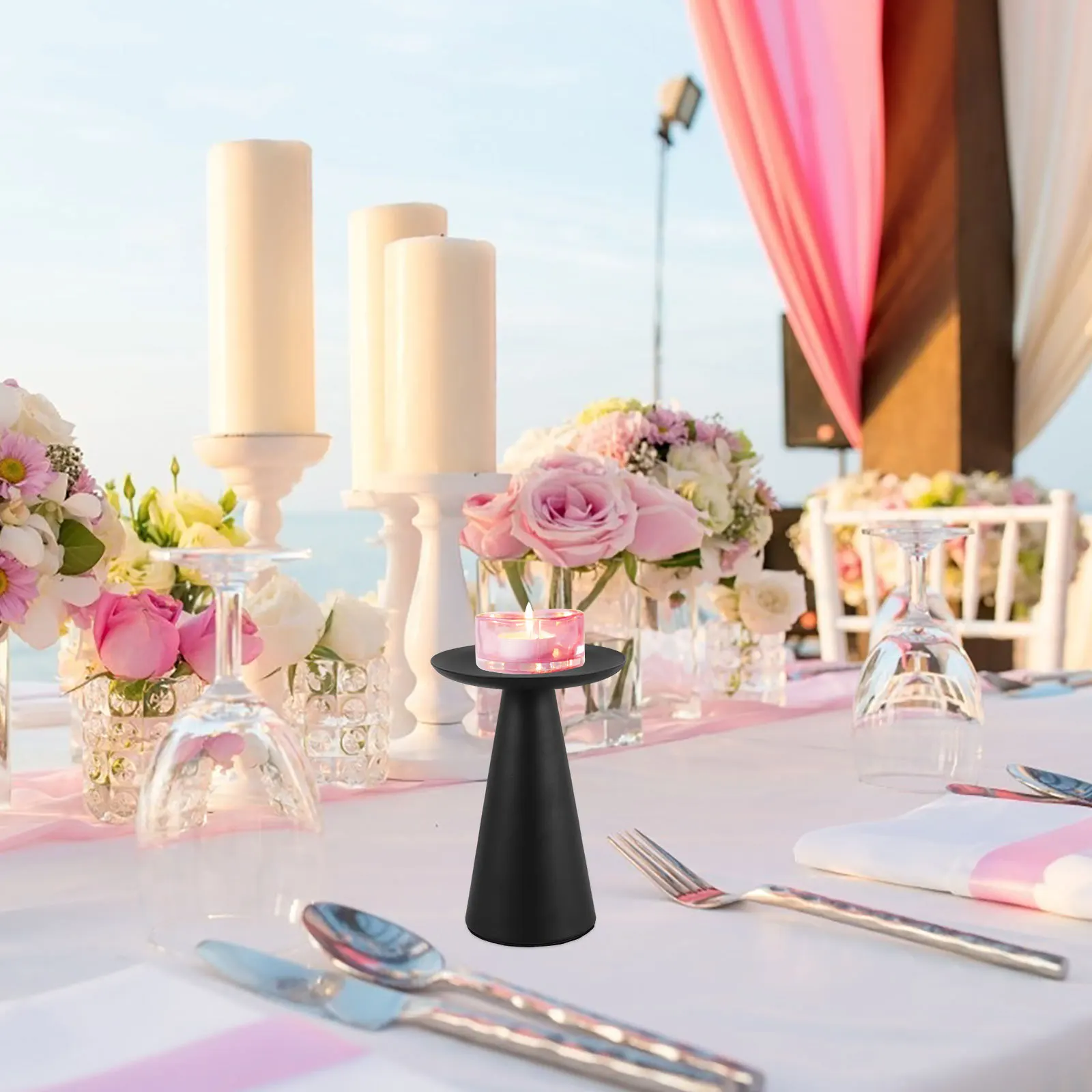 

Iron Holder Black Vintage Style Pillar Taper Candlestick for Living Room Bedroom Banquet Decorative Tabletop Use