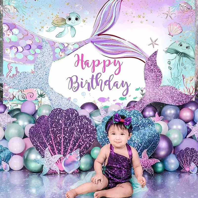 Little Mermaid Theme Girl Birthday Party Backdrop Photography Baby Shower Decor Background Photocall Backdrops Decor Banner