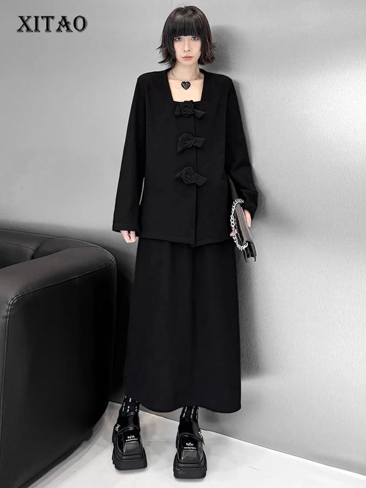 

XITAO Casual Full Sleeve Square Collar Elastic Waist Sets A-line Fashion Hong Kong Mid-calf New Autumn Dress Set GMM1037