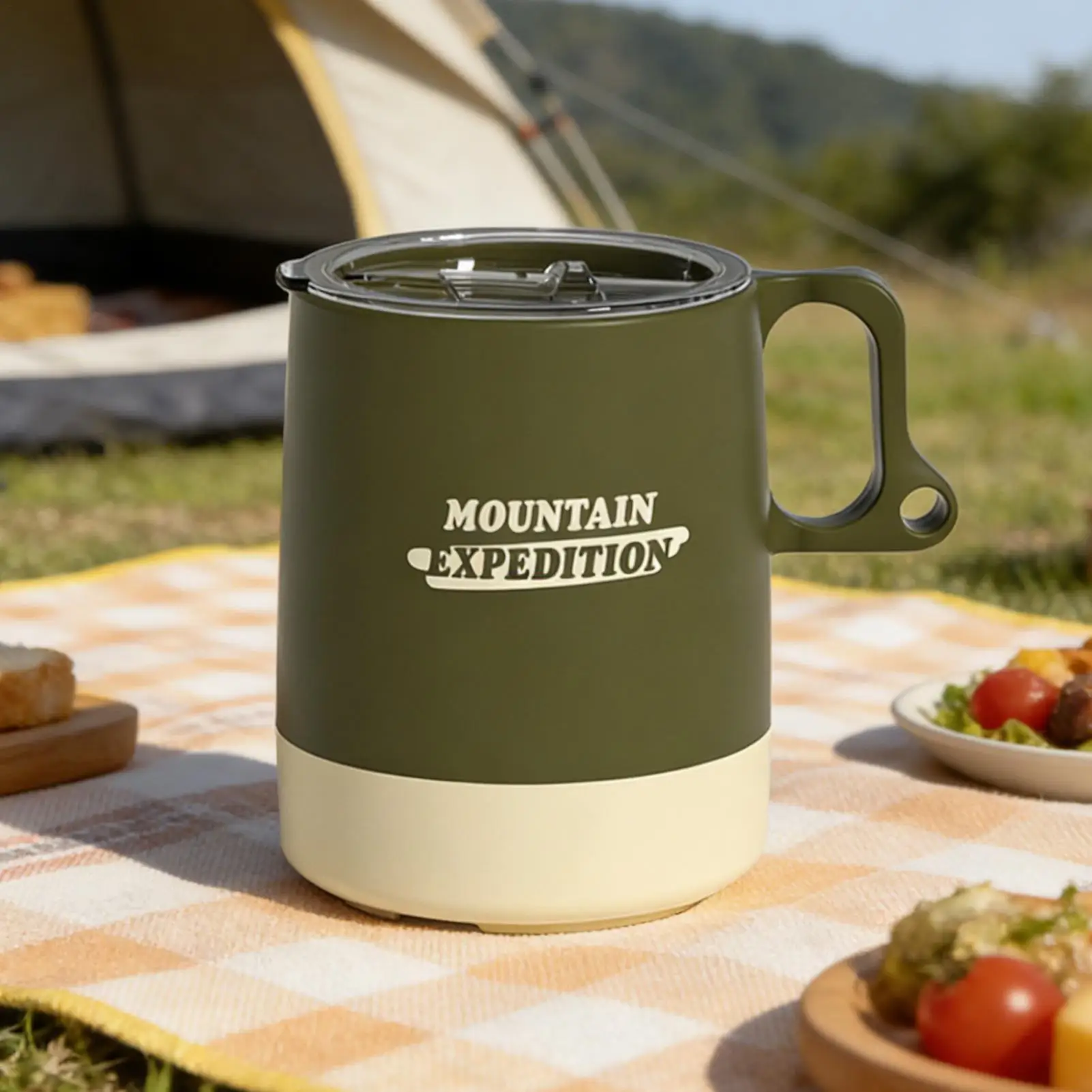 

Походная кружка с нескользящей ручкой, большой емкости, с крышкой, для кемпинга, кофе, путешествий, походов, рыбалки