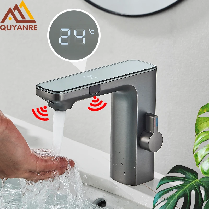 Gun Grey Smart Sensor Basin Faucet Digital Display Screen Hot Cold Water Mixer Tap Vanity Touchless Faucet For Bathroom Basin