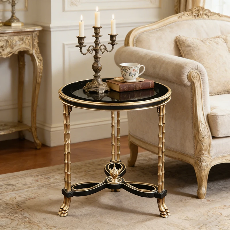 

！@Exquisite Unique Classical Small Luxury Living Room Sofa Side Table Hand-carved Bamboo Detailing Base Round Bed Side Table