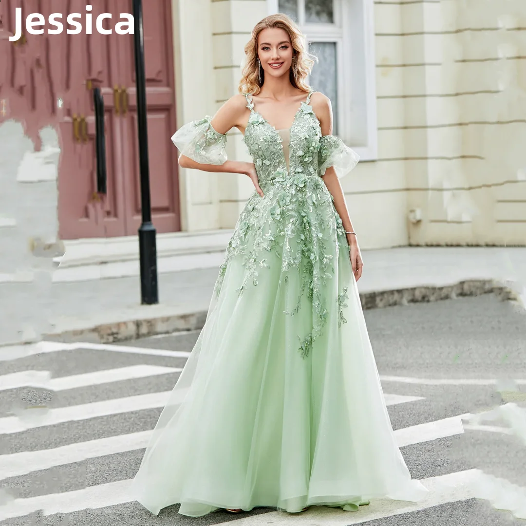 

Jessica Tulle Glitter Green Prom Dresses 3D Appliqué Embroidery Evening Dresses Princess Graduation Party Dresses Wedding Dress