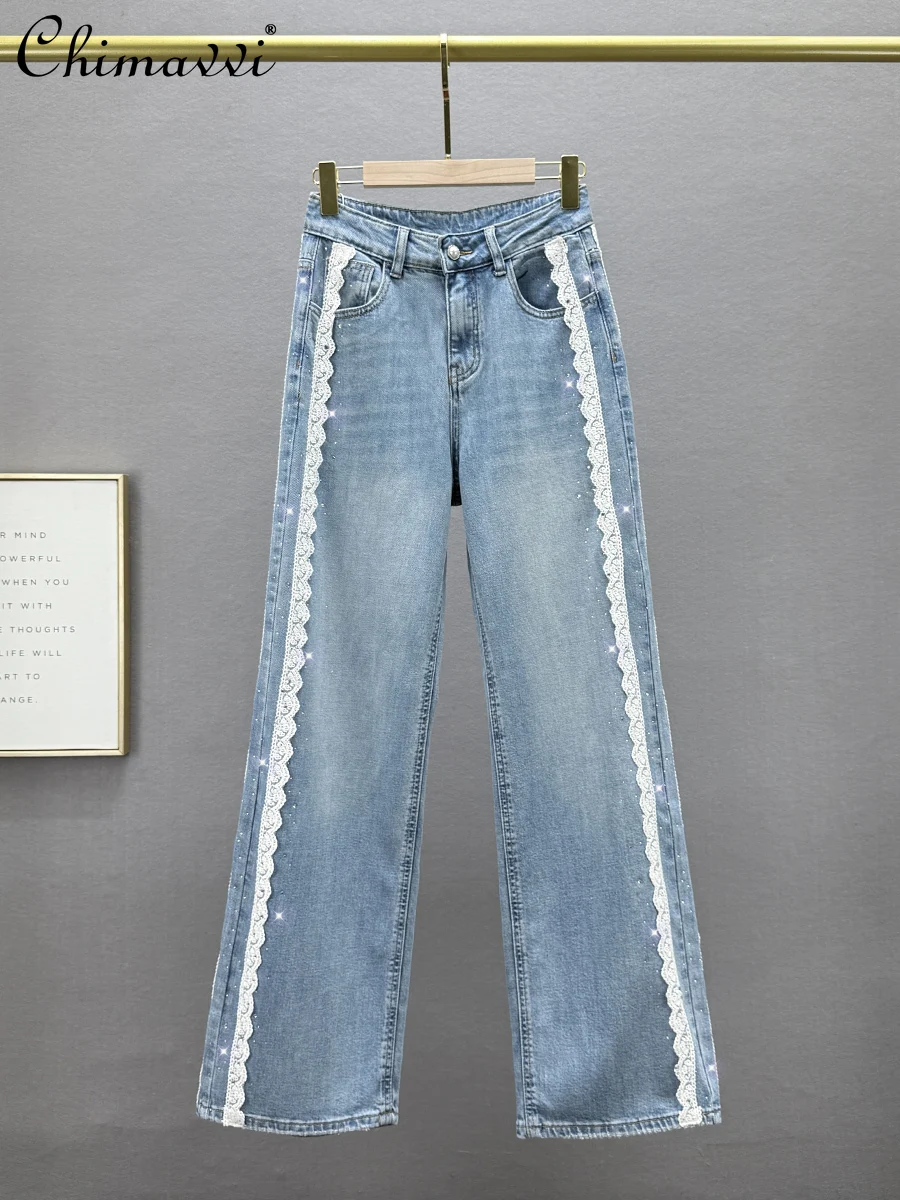 

Lace Splicing Hot Diamond Denim Wide-leg Pants Women's 2025 Spring New Fashion High Waist Loose Slim-fit European Floor Pants