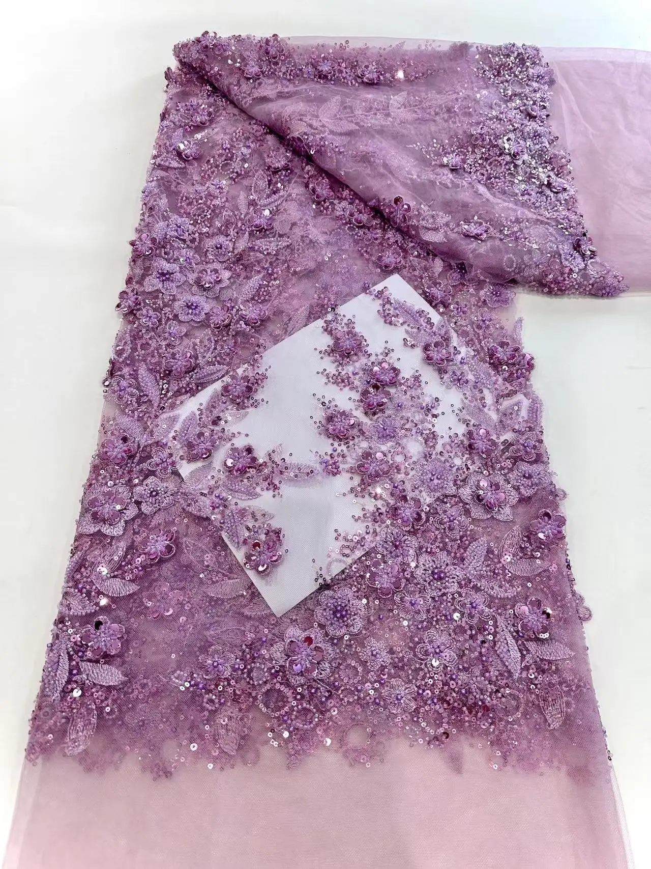 

Новейшая 3D цветочная вышивка, бусины, блестки, африканская кружевная ткань, 5 ярдов, высокое качество, нигерийские женщины, свадебный французский материал 2025