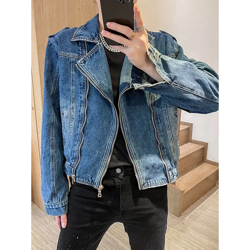 Washing Denim Jacket Metal Zipper Design Sensible Top Autumn Vintage Distressed Trendy Casual Cropped Jacket