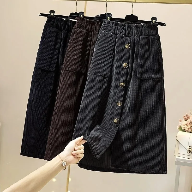 

Women Corduroy Skirts Spring Autumn Large Size 5XL A-line Skirts Button Pocket Elastic Waist Vintage Skirts Middle-Length Female