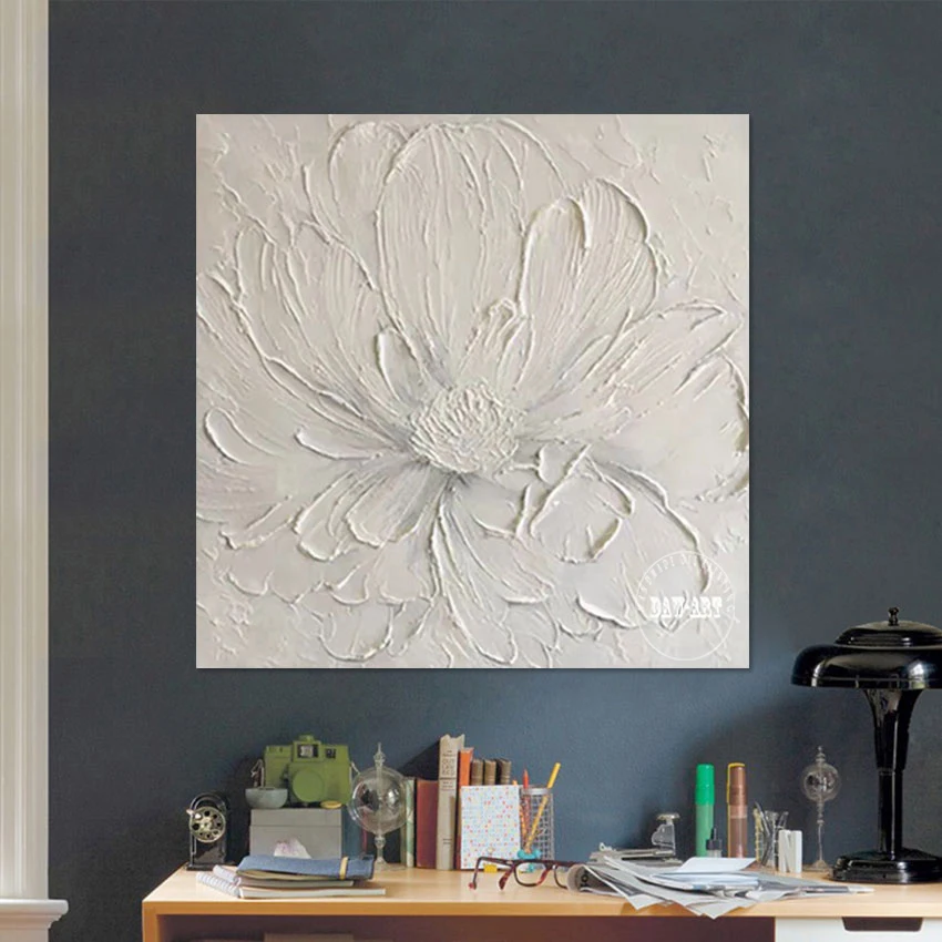 

White Acrylic Texture Palette Knife Oil Paintings Frameless Large Size Flowers Picture Canvas Roll Hand Drawing Wall Poster