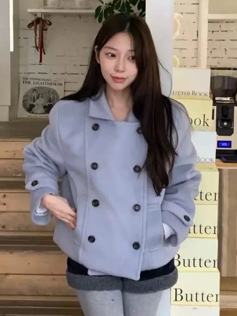 

Корейское шерстяное пальто с хлопковой подкладкой в стиле ретро, женское японское молодежное пальто с отложным воротником и двойной пуговицей...