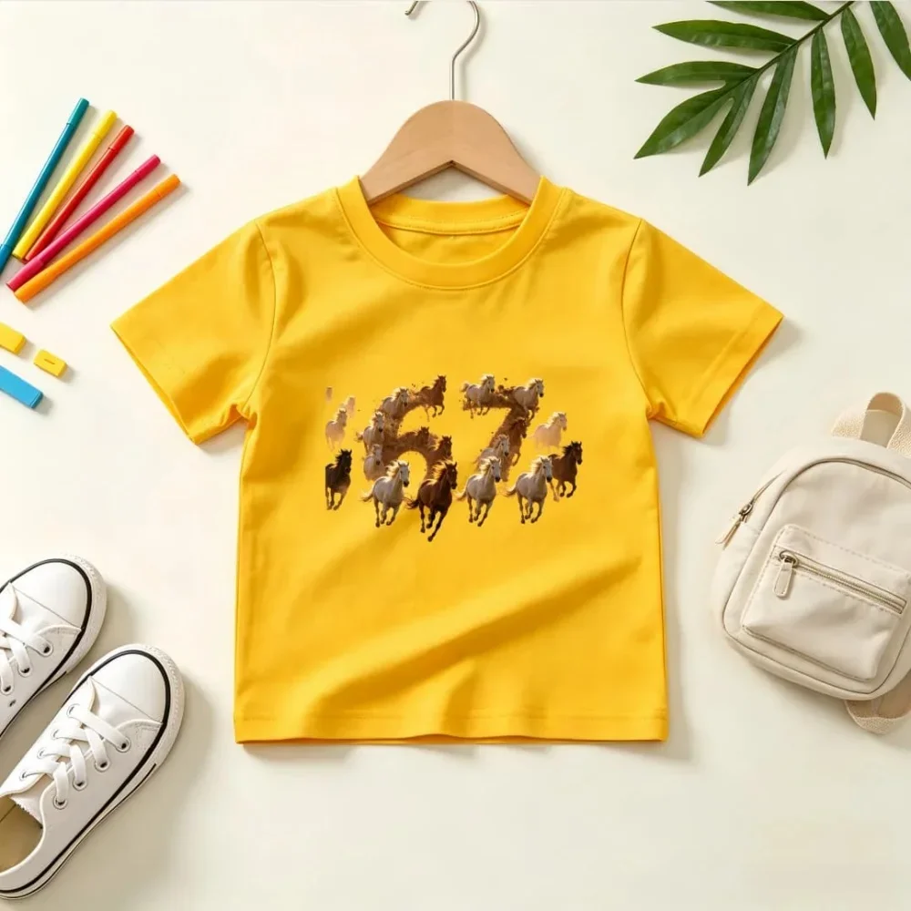 Kids Black Short Sleeve T Shirt Food Pizza Burger Fries Shaped Number 67 Print Crew Neck Boys Girls Summer Casual Tee