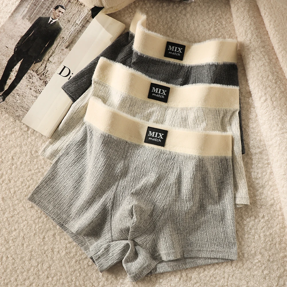 

3PCS/Pack Warm Knit Striped Men's Underpants Hygroscopic Breathable Mesh Crotch Boxers Man Soft 100% Cotton High Elastic Panties