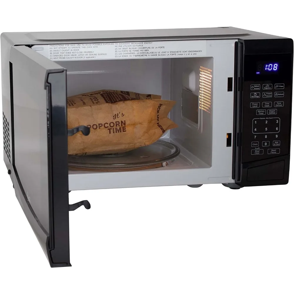 Forno Microondas, 0,9 pés cúbicos. Compacto de 900 Watts com 10 níveis de potência e 6 configurações de cozimento predefinidas, descongelamento rápido, plataforma giratória de vidro