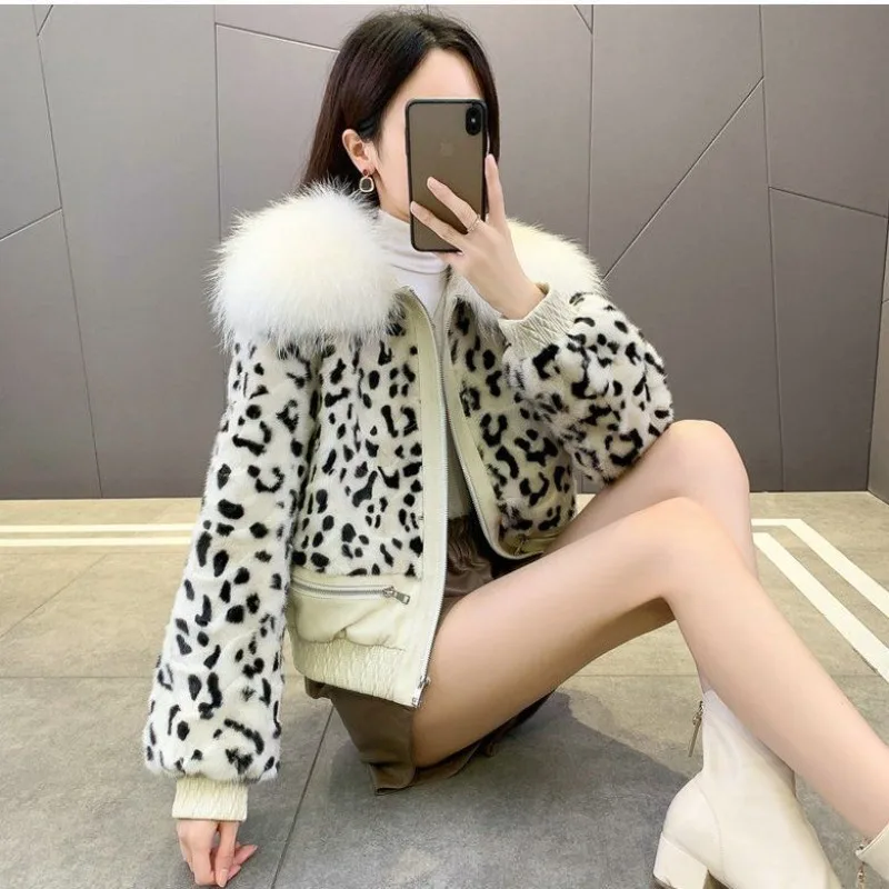 

Leopard Print Winter Copy Mink Fur Coat Fox-like Fur Collar Coat New Short Jacket for Small People Trendy Fashion Personality