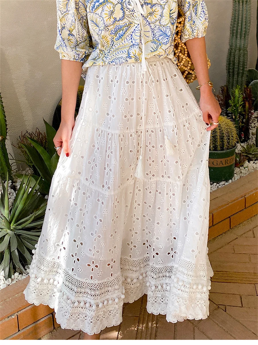 

Embroidery Eyelet Cut-out Midi Skirt White Elastic Waist Semi Sheer Flowy Long Skirt Women Boho Summer Holiday Outfits