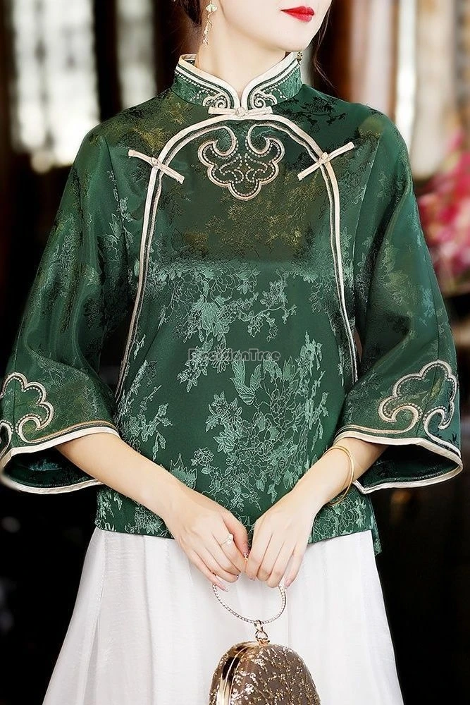 

2025 chinese national style ethnic-style top for women summer loose stand collar half sleeve tang suit printed cheongsam blouse