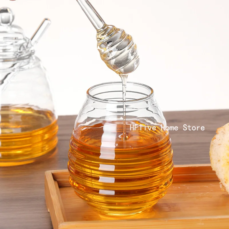 Glass Honey Jar Clear Glass Honey Pot with Dipper Spoon Small Kitchen Storage Bottle Jar Honey Server Container for Syrup