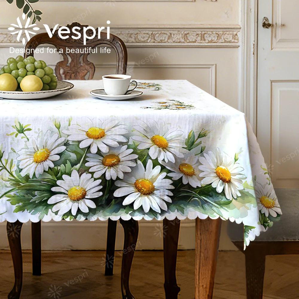 Vespri Frühlingstischdecke Blumenmuster Ostern Pastell Weiß Grün Gänseblümchen Blatt Blume Rund Rechteckig Oval Polyester für Esszimmer Party