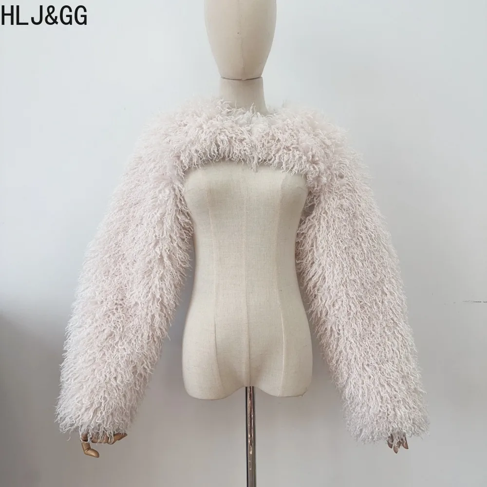 HLJ&GG Women's Curly Faux Lamb Fur Shrug Jacket Long Sleeve Cropped Bolero Coat for Christmas Party Night Club Winter Outerwear