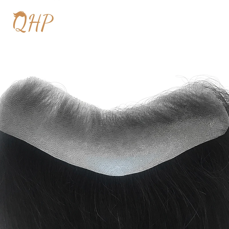 QHP Hair Toupee Men\'s Capillary Prosthesis Handmade Wig for Men PU Front Hairline Real Human Hair Hairpiece System 100% Density