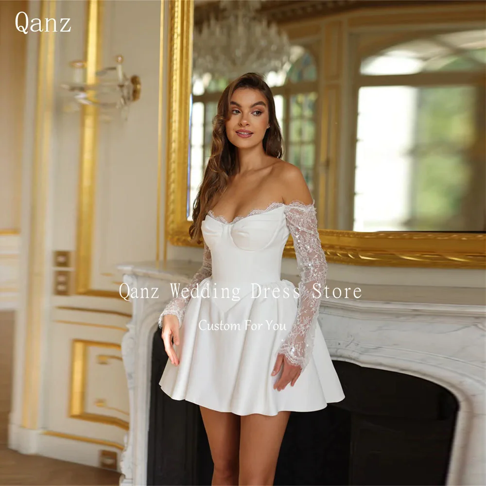 

Qanz Elegant Short Wedding Dresses Strapless Sweetheart Off Shouder Lace Beading Pleated 2025 Mini Sexy Bridal Gowns Customized