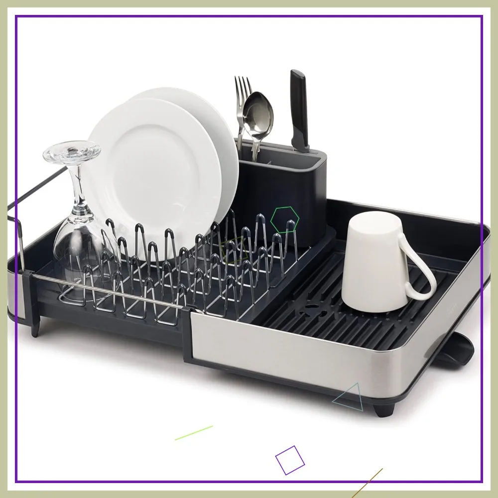 

Extendable Dish Drying Rack with Dual Parts - Stainless Steel, Non-Scratch, Movable Utensil Drainer & Drainage Spout, Gray