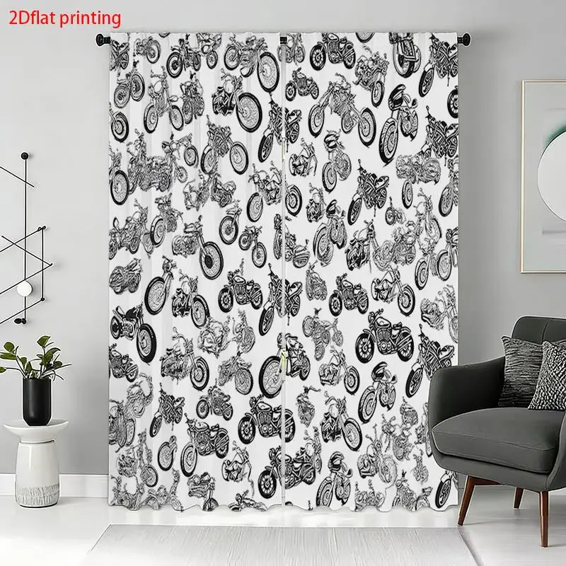 Vintage Motorcycle Curtain, Retro Motorbike Window Drape, Black White Transport Blackout Panel, Boys Room Garage Decor