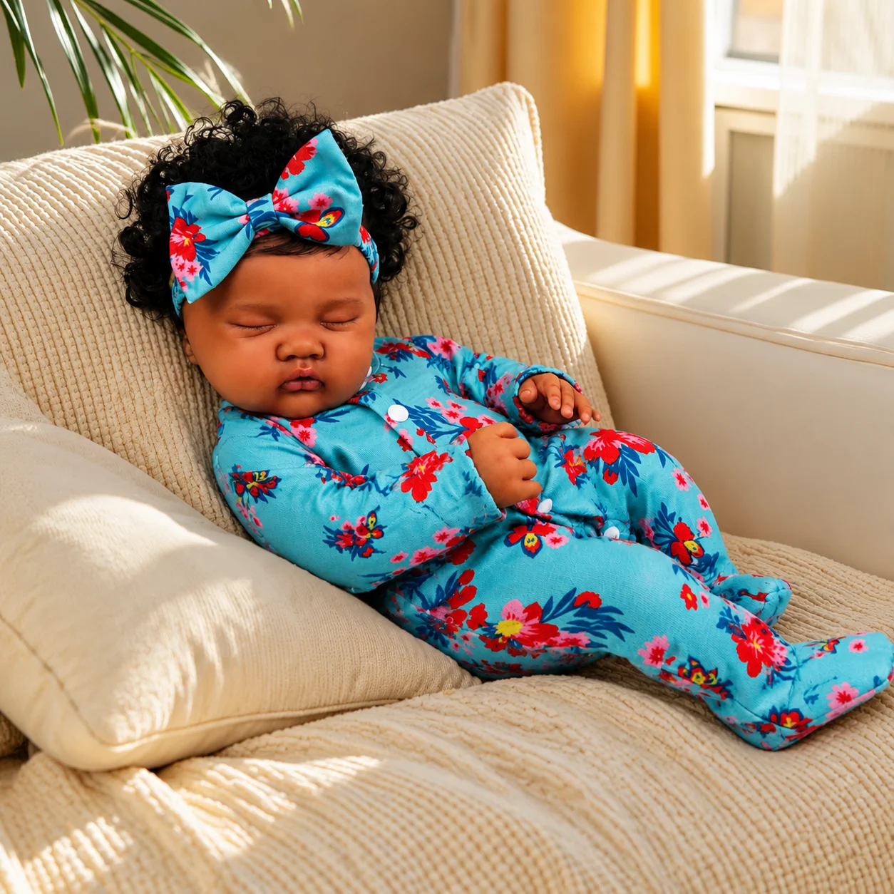 

BZDOLL 48CM Lifelike Asleep Reborn Baby Doll Toy with Black Brown Skin Vinyl Limbs Cloth Body Handmade Birthday Gift for Kids